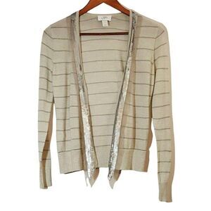 Loft Ann Taylor Open Cardigan Sweater Sz XS Lightwt Gray Silver Stripe Sequins